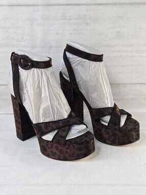 Sam Edelman Savannah Ankle Strap Platform Sandals Brown Leopard Glitz Women's 8